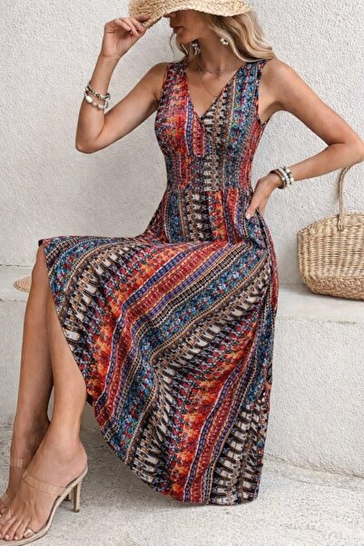 JANES Γυναικείο μονό ζέρσεϊ φόρεμα με έθνικ σχέδιο με μηδενικό μανίκι