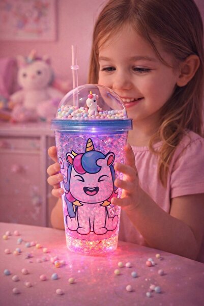 Lexi Bella Renkli Boncuklu Sevimli Unicorn Tasarımlı 450 ML Led Işıklı Pipetl...