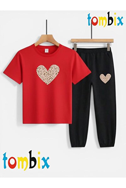 tombix Leopard Heart Printed T-Shirt and Sweatpants (with Pockets) Children's...