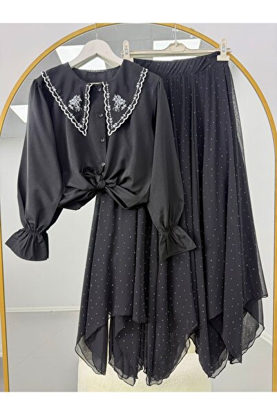 modasindoma Γυναικείο Κεντητό Σετ με Πέτο και Φούστα με Πέτρινη Λεπτομέρεια