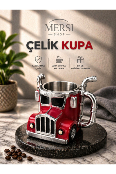 Mersi SHOP Kamyon Tasarımlı Paslanmaz Çelik Kupa Bardak – 3D Dekoratif Araç Kupa