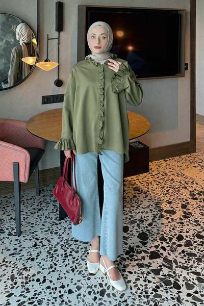 lamelif Πουκάμισο με βολάν χακί