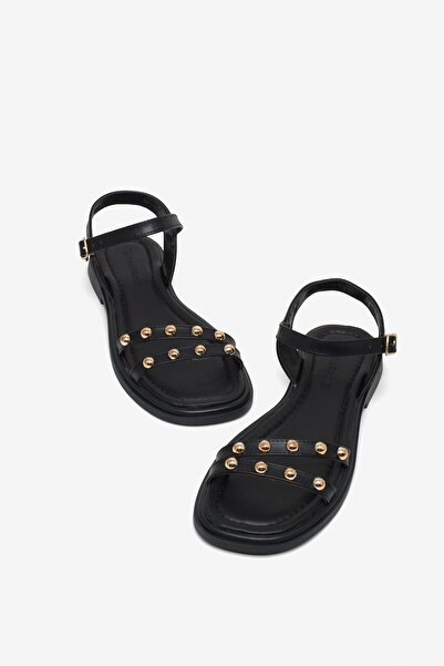 Tonny Black Γυναικεία μαύρα άνετα πέτρινα σανδάλια με διπλό λουράκι και πόρπη