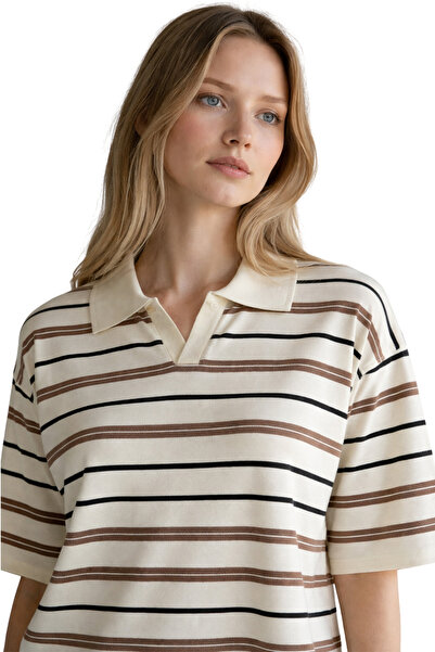 ModaYaren Ριγέ γυναικείο πλεκτό μπλουζάκι με λαιμόκοψη πόλο, Crop Basic, κομψ...