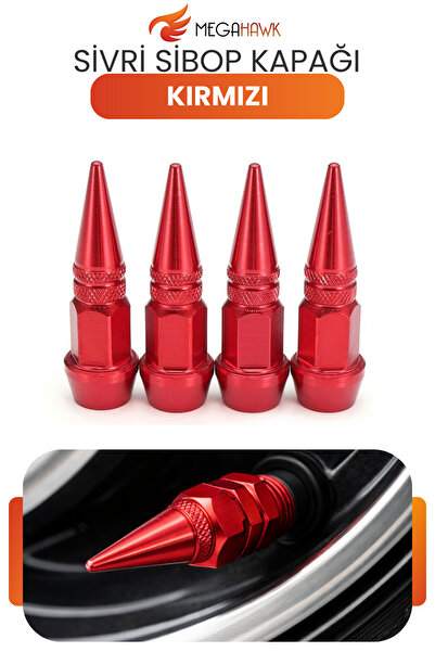 MEGAHAWK Sivri Sibop Kapağı Kırmızı Metal 4 Lü Set Universal Lastik Sibop Kor...