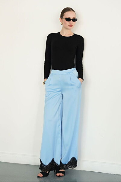 VERYMODA Satin Trousers with Lace Cuffs - Blue |   D2969