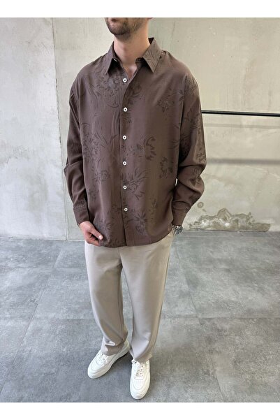 DIFRANSEL JEANS Patterned Oversize Premium Modern Cut Brown Shirt