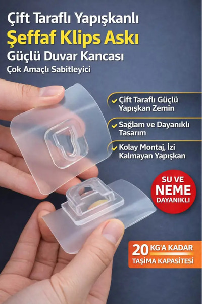 AYGÖREN HOME 1 Çift Taraflı Yapışkanlı Şeffaf Klips Askı Güçlü Duvar Kancası ...