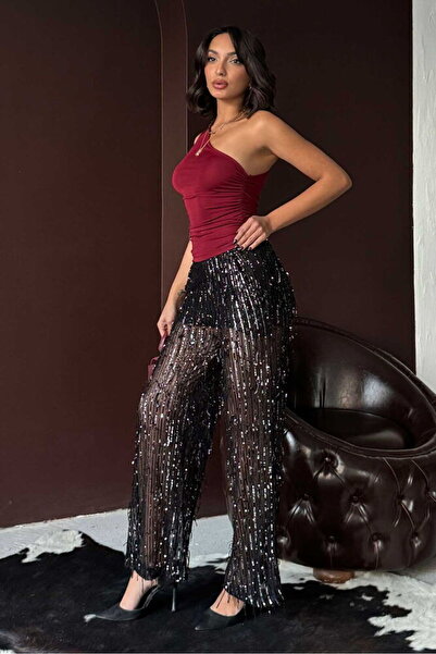 VERYMODA Μαύρο παντελόνι από τούλι με παγιέτες |   F1611
