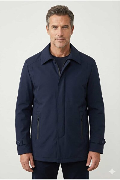 ZENELLİ Polo Collar Navy Blue Men's Coat