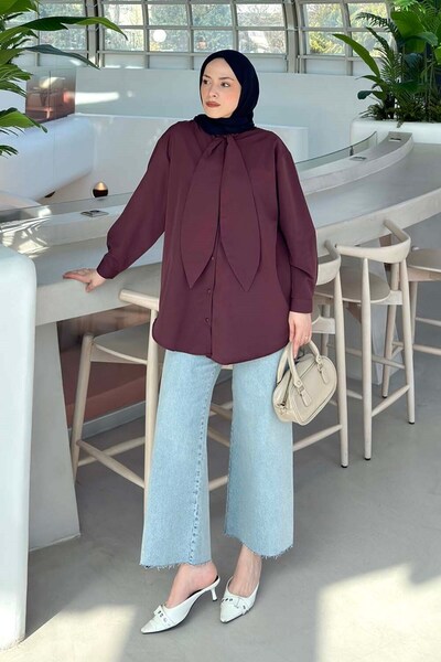 lamelif Πουκάμισο με λεπτομέρεια φουλαριού, χρώμα δαμασκηνί