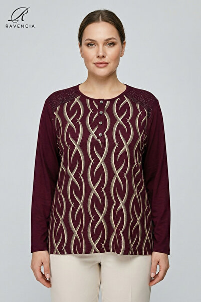 Ravencia Women's Stripe Patterned Printed Lycra Blouse with Stones on the Sho...