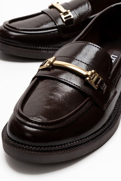 Lizy Shoes Women's Brown Loafer with Gold Buckle, Casual Classic Stylish Shoes