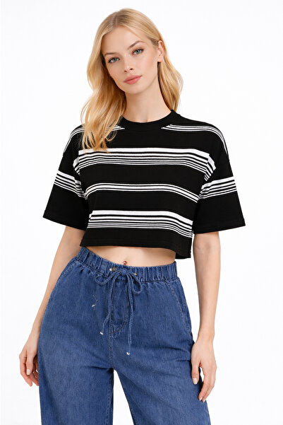 ModaYaren Ριγέ γυναικείο πλεκτό μπλουζάκι με λαιμόκοψη (Μαύρο και Λευκό)