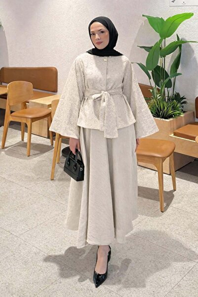 lamelif Σετ Μπλούζα-Φούστα με Λεπτομέρεια Ζώνης και Πέτρα