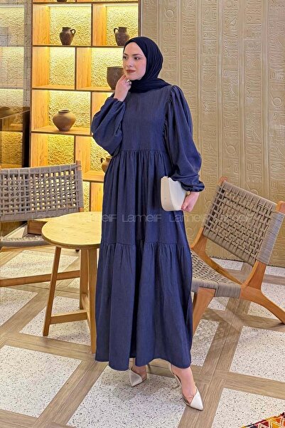 lamelif Καλοκαιρινό φόρεμα με μανίκια μπαλόνι σε σκούρο μπλε