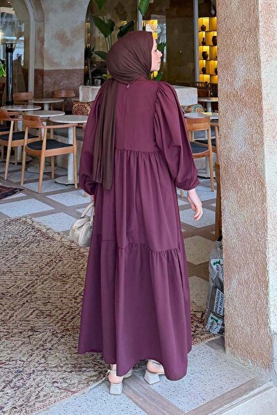 lamelif Balloon Sleeve Layered Summer Dress Plum