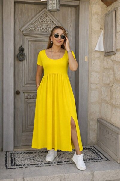 Wear Up Women's Short Sleeve Round Neck Front Slit Pocket Viscose Long Dress