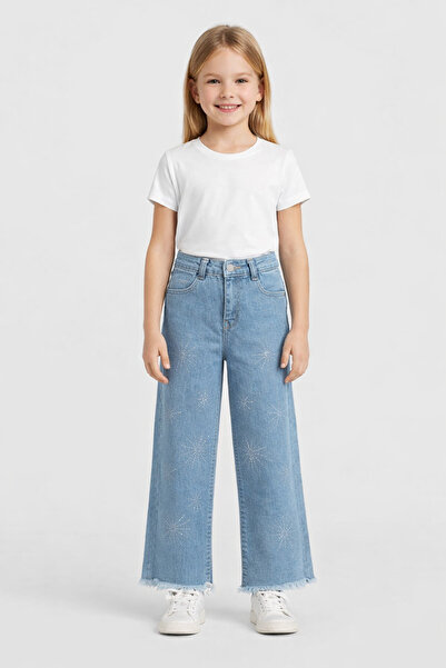 NAWİ 26904-26 Girl's Denim Trousers Wide Leg Stone Detailed Comfortable Fit D...