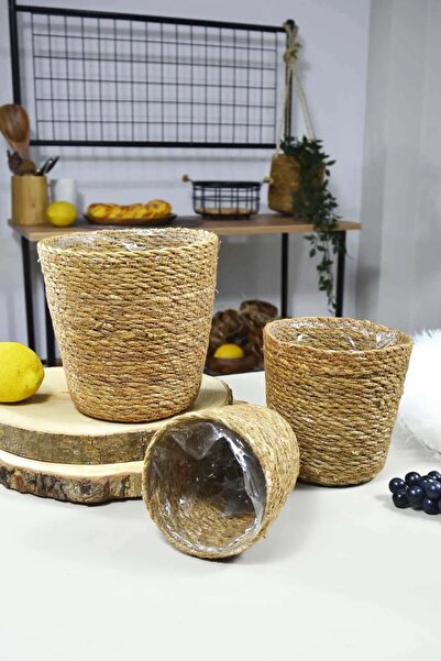 Empressco Hasır 3 Lü Saksı Seti Korumalı İç Hazneli Natural Hasır Saksı FMA66...