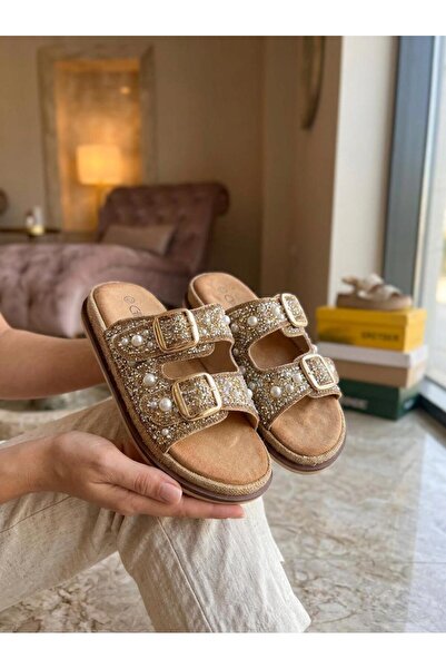 Guja 225 Women's Double Buckle Stone Detailed Straw Comfort Slippers