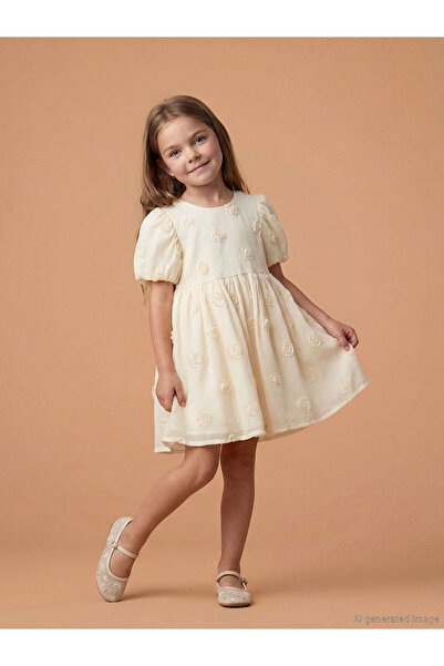 LC Waikiki Nevavm Flower Embossed Girls' Dress with Difference
