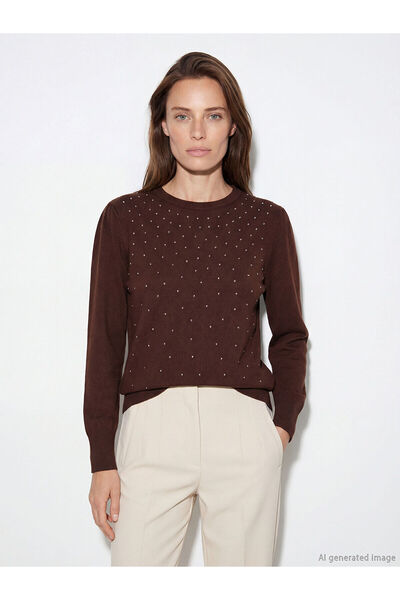 LC Waikiki Nevavm Farkıyla Lcw Grace Brown Oval Neckline Stone Women's Knitwe...