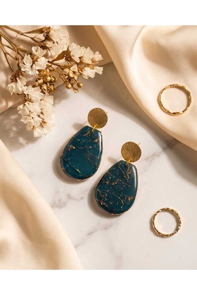 Dodemert Home Green Galaxy Dropped Gold Polymer and Epoxy Handmade Nail Earrings (Stainless Steel Hardware)
