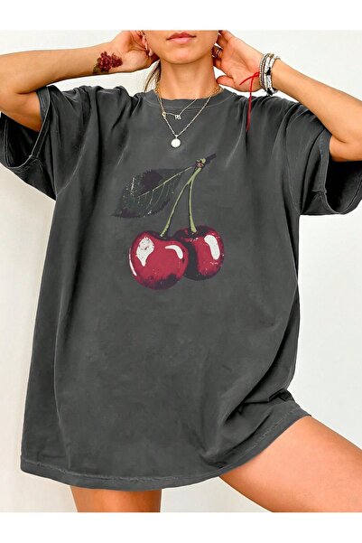 ZAVIXO -Γυναικείο T-Shirt με στάμπα κεράσια, vintage, πλυμένο, oversized, 100...