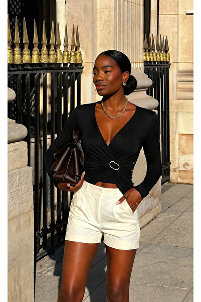 Markazzi Women's Double Breasted Collar Gold Buckle Detailed Long Sleeve Blouse