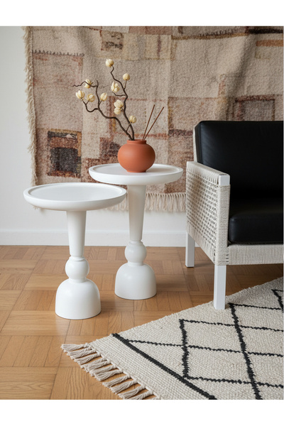 ASELYA HOME Doğal Ahşap 2’li Set Beyaz Mantar Yan Sehpa Modern Fiskos Zigon Ç...