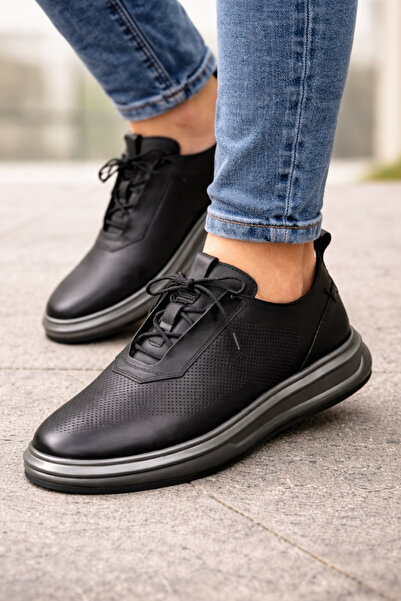 ZueOfficial Hakiki Deri Erkek Sneaker Günlük Ayakkabı-Ortopedik Taban Siyah C...