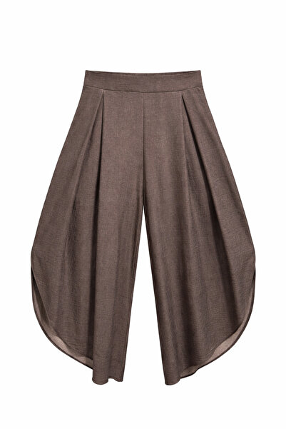 Mixray 4897 Γυναικείο παντελόνι με σκίσιμο, πλισέ, ασύμμετρο, ντραπέ, καφέ χρώμα