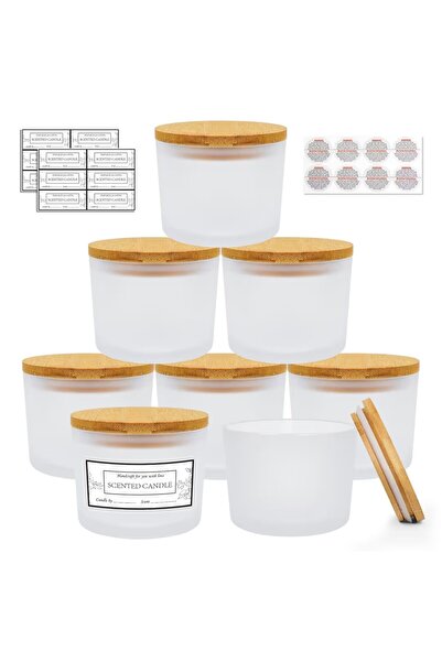 OEM Σετ 8 βάζων κεριών από παγωμένο γυαλί, 340 ml, με καπάκια από μπαμπού, στ...