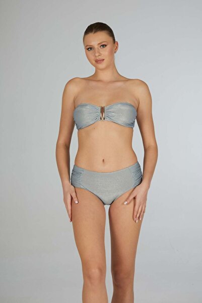 Estiva Women's Shiny Silver High Waist Strapless Bikini Set with British Acce...