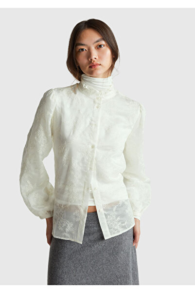 United Colors of Benetton Γυναικείο πουκάμισο εκρού από λυοσέλ και βαμβάκι με...