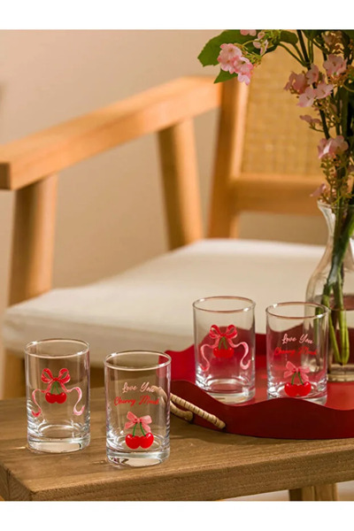 LC Waikiki Cherry Printed Coffee Water Glass Set of 4 Mini Size - 125 ml