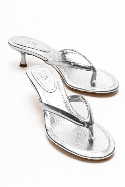 Lizy Shoes Γυναικείες σαγιονάρες από γνήσιο δέρμα πλατινένιου χρώματος με τακ...