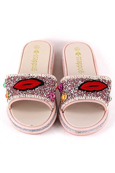 mm Women's slippers decorated with stones 895-LIPS-PINK
