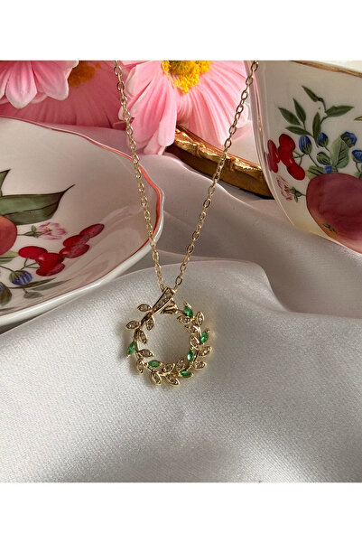 Vintage Aksesuar Kristal Taşlı Yaprak Tasarım Çelik Kadın Kolye