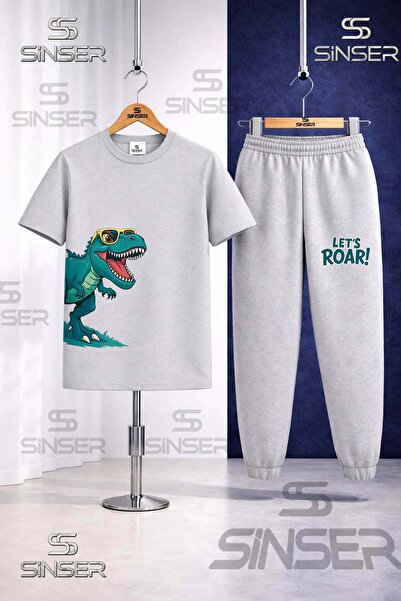 SS SİNSER Детски комплект: Тениска и долнище на анцуг със зелен принт на дино...