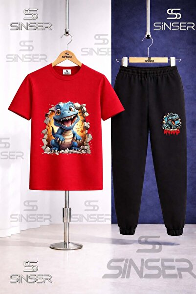 SS SİNSER Children's Dinosaur Blue Dinosaur Printed T-Shirt Tracksuit Set