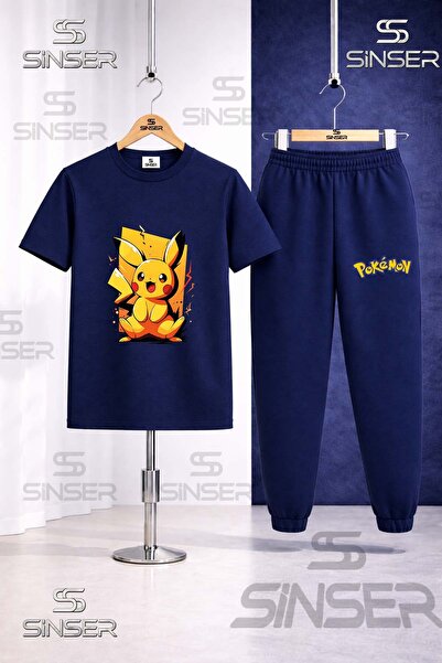SS SİNSER Children's Pikhacu Yellow Canvas Printed T-Shirt Sweatpants Set