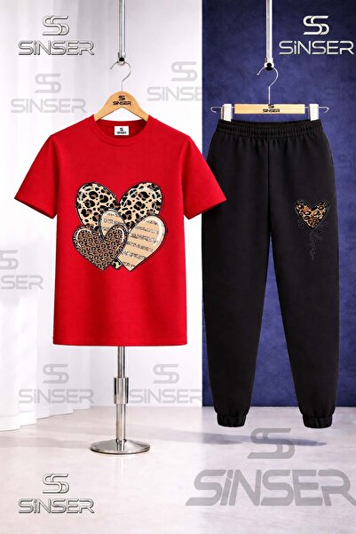 SS SİNSER Children's Hearts Leopard Pattern Printed T-Shirt Tracksuit Set