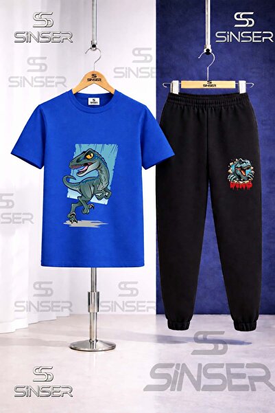 SS SİNSER Παιδικό Σετ Φόρμας με Μπλουζάκι με Στάμπα DINOSAUR TURQUOISE CANVAS
