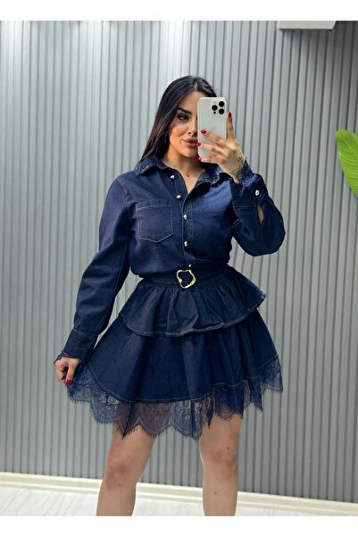 inci bayan giyim Φόρεμα τζιν με δαντελένια λεπτομέρεια