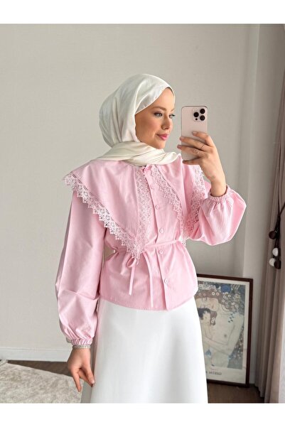RFK Butik Kadın Etek Üstü Dantel Yakalı Poplin Gömlek - Pembe
