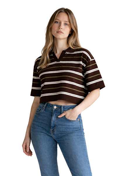 ModaYaren Ριγέ πλεκτό γυναικείο μπλουζάκι με λαιμόκοψη πόλο (Καφέ Λευκό)