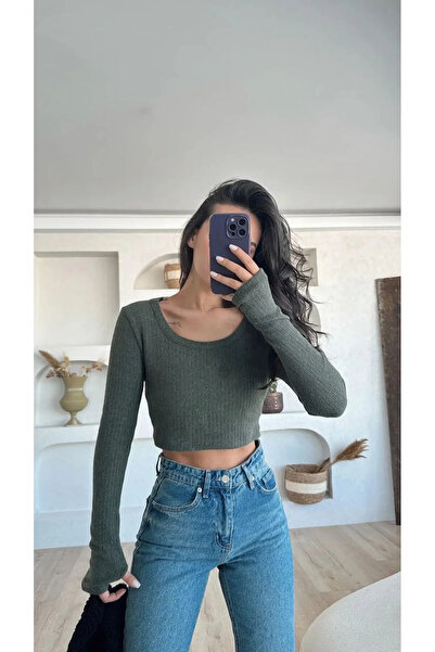 BİGÜMEX Bluză crop cu mânecă lungă cu gât pătrat, cu degete