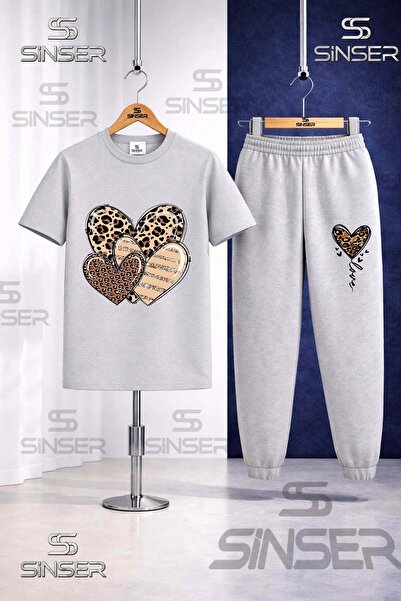 SS SİNSER Children's Hearts Leopard Pattern Printed T-Shirt Tracksuit Set